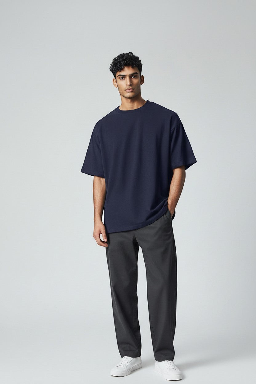 LowKeyLoud navy blue oversized unisex cotton t-shirt with crew neck and short sleeves.